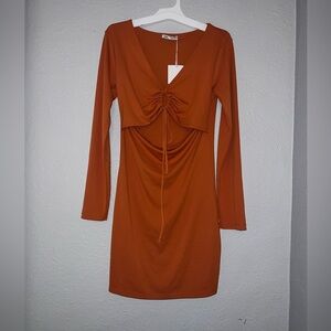Zara Women Orange Open Front Long Sleeve Midi Dress